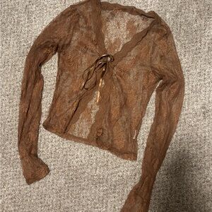 Brown Lace Tie-Front Top